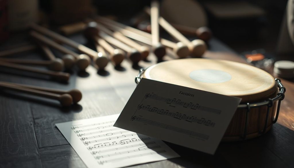 A serene, dimly lit scene of a tongue drum laying on a wooden surface, with a sheet of musical notation for "Accords en Ré Mineur" prominently displayed in the foreground. The drum's muted tones and the soft, natural lighting create a contemplative, meditative atmosphere. In the background, a blurred, out-of-focus arrangement of tongue drum mallets and other musical instruments suggests a musical workshop or studio setting. The overall composition emphasizes the central focus on the essential chords in the key of D minor, as described in the section title. A serene, dimly lit scene of a tongue drum laying on a wooden surface, with a sheet of musical notation for "Accords en Ré Mineur" prominently displayed in the foreground. The drum's muted tones and the soft, natural lighting create a contemplative, meditative atmosphere. In the background, a blurred, out-of-focus arrangement of tongue drum mallets and other musical instruments suggests a musical workshop or studio setting. The overall composition emphasizes the central focus on the essential chords in the key of D minor, as described in the section title.