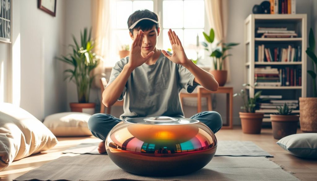 A serene indoor scene featuring a beginner handpan player in a cozy, well-lit room. In the foreground, a young adult, dressed in modest casual clothing, sits cross-legged on a mat, focused intently on the handpan in front of them, their hands hovering gracefully above the instrument. In the middle, a vibrant handpan with a colorful, glistening surface reflects warm light, highlighting its unique, dome-like shape. Surrounding the player, soft cushions and potted plants create an inviting atmosphere. In the background, a window lets in soft, natural light, casting a gentle glow, and a bookshelf stacked with music books gives a sense of learning and inspiration. The mood is peaceful and encouraging, embodying the joy of learning music. A serene indoor scene featuring a beginner handpan player in a cozy, well-lit room. In the foreground, a young adult, dressed in modest casual clothing, sits cross-legged on a mat, focused intently on the handpan in front of them, their hands hovering gracefully above the instrument. In the middle, a vibrant handpan with a colorful, glistening surface reflects warm light, highlighting its unique, dome-like shape. Surrounding the player, soft cushions and potted plants create an inviting atmosphere. In the background, a window lets in soft, natural light, casting a gentle glow, and a bookshelf stacked with music books gives a sense of learning and inspiration. The mood is peaceful and encouraging, embodying the joy of learning music.