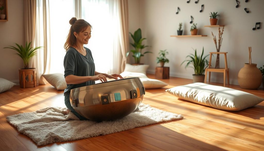 A serene indoor setting featuring a beginner handpan player. In the foreground, a person wearing comfortable, modest casual clothing sits cross-legged on a soft rug, intently focusing on a beautifully crafted handpan, which has colorful, iridescent tones. The middle ground includes a warm wooden floor and a few soft cushions scattered around, inviting a cozy atmosphere. In the background, natural light streams through a large window adorned with light curtains, casting soft shadows and enhancing the peaceful ambiance. There are plants and musical notes decoratively arranged on the walls, adding character. The overall mood is calm and inspiring, perfect for learning and creativity, showcasing the joy of discovering the handpan. A serene indoor setting featuring a beginner handpan player. In the foreground, a person wearing comfortable, modest casual clothing sits cross-legged on a soft rug, intently focusing on a beautifully crafted handpan, which has colorful, iridescent tones. The middle ground includes a warm wooden floor and a few soft cushions scattered around, inviting a cozy atmosphere. In the background, natural light streams through a large window adorned with light curtains, casting soft shadows and enhancing the peaceful ambiance. There are plants and musical notes decoratively arranged on the walls, adding character. The overall mood is calm and inspiring, perfect for learning and creativity, showcasing the joy of discovering the handpan.