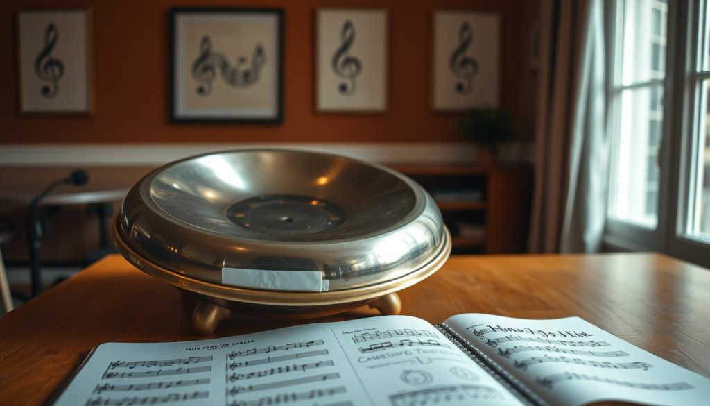 A serene indoor setting featuring a handpan placed elegantly on a wooden table, surrounded by various handwritten notes and diagrams illustrating musical scales and notes specific to the handpan. In the foreground, the handpan reflects soft natural light from a nearby window, highlighting its intricate surface and metallic sheen. The middle ground includes an open notebook with neatly arranged musical notation and scale examples, adding a sense of study and curiosity. The background is softly blurred, revealing warm-toned walls adorned with simple musical art. The atmosphere is calm and inviting, encouraging exploration and creativity in music. Use warm, diffused lighting to enhance the peaceful mood. Ensure there are no people in the scene. A serene indoor setting featuring a handpan placed elegantly on a wooden table, surrounded by various handwritten notes and diagrams illustrating musical scales and notes specific to the handpan. In the foreground, the handpan reflects soft natural light from a nearby window, highlighting its intricate surface and metallic sheen. The middle ground includes an open notebook with neatly arranged musical notation and scale examples, adding a sense of study and curiosity. The background is softly blurred, revealing warm-toned walls adorned with simple musical art. The atmosphere is calm and inviting, encouraging exploration and creativity in music. Use warm, diffused lighting to enhance the peaceful mood. Ensure there are no people in the scene.