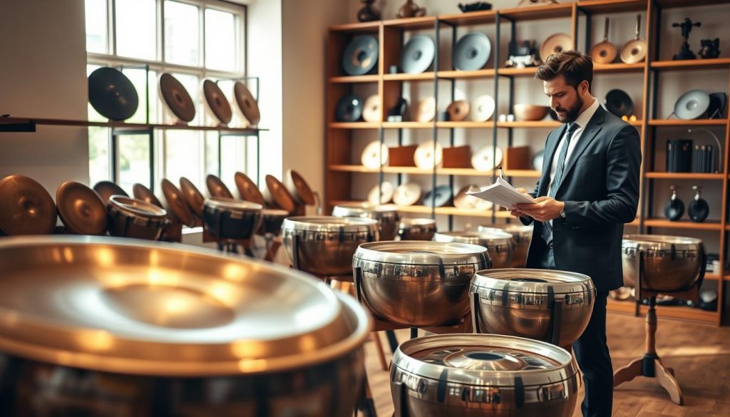 A serene indoor setting showcasing a variety of handpans displayed on elegant wooden stands. In the foreground, a close-up of a handpan, featuring intricate, colorful patterns and a polished, reflective surface. In the middle ground, a person, dressed in smart casual attire, is thoughtfully examining different handpans, weighing options with a notebook and pen in hand. The background includes softly blurred shelves filled with more handpan instruments and accessories, bathed in warm, natural lighting from a nearby window. The atmosphere is peaceful and inviting, encouraging contemplation and decision-making, ideal for someone considering their handpan purchase based on budget and personal expectations. A serene indoor setting showcasing a variety of handpans displayed on elegant wooden stands. In the foreground, a close-up of a handpan, featuring intricate, colorful patterns and a polished, reflective surface. In the middle ground, a person, dressed in smart casual attire, is thoughtfully examining different handpans, weighing options with a notebook and pen in hand. The background includes softly blurred shelves filled with more handpan instruments and accessories, bathed in warm, natural lighting from a nearby window. The atmosphere is peaceful and inviting, encouraging contemplation and decision-making, ideal for someone considering their handpan purchase based on budget and personal expectations.
