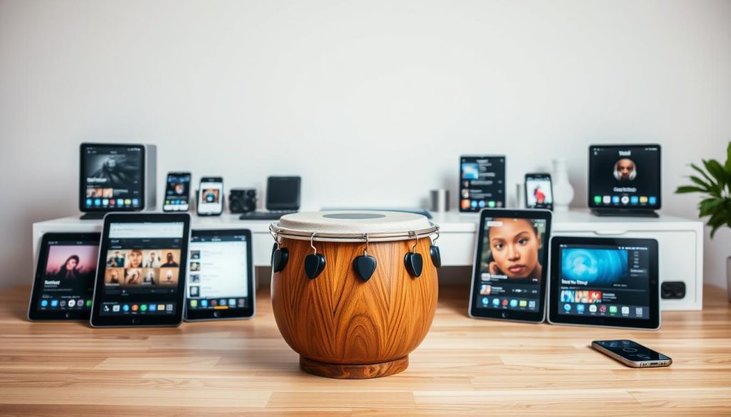 A serene, minimalist composition showcasing a variety of music playlists on various digital devices. In the foreground, a high-quality tongue drum sits atop a wooden surface, its intricate pattern and warm tones inviting the viewer to interact. Surrounding the drum, various tablets and smartphones display curated playlists, their screens casting a soft, diffused glow. The middle ground features a clean, uncluttered workspace, hinting at the process of discovering and organizing musical content. In the background, a neutral, light-filled environment sets the mood for a focused, contemplative experience. The overall atmosphere conveys a sense of harmony, inspiration, and the joy of musical exploration. A serene, minimalist composition showcasing a variety of music playlists on various digital devices. In the foreground, a high-quality tongue drum sits atop a wooden surface, its intricate pattern and warm tones inviting the viewer to interact. Surrounding the drum, various tablets and smartphones display curated playlists, their screens casting a soft, diffused glow. The middle ground features a clean, uncluttered workspace, hinting at the process of discovering and organizing musical content. In the background, a neutral, light-filled environment sets the mood for a focused, contemplative experience. The overall atmosphere conveys a sense of harmony, inspiration, and the joy of musical exploration.