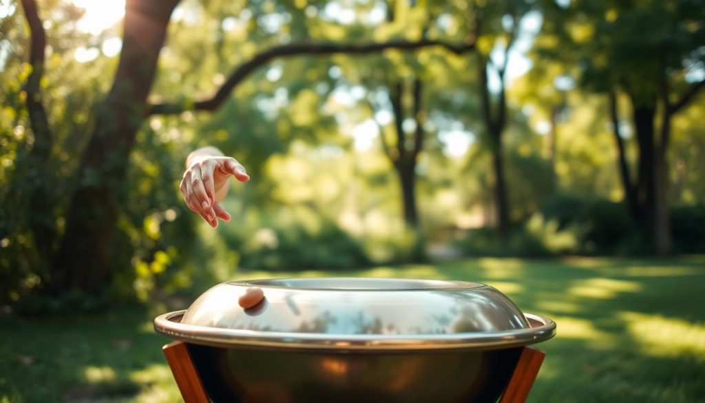 A serene outdoor scene showcasing a handpan artfully displayed on a wooden stand, surrounded by lush green foliage and soft sunlight filtering through the trees. In the foreground, a pair of hands, clad in modest casual clothing, gracefully strikes the handpan, emphasizing rhythm and technique. The middle ground features subtle motion lines to represent the flowing rhythm of the music, while the background showcases blurred trees and gentle shadows creating a tranquil atmosphere. The lighting is warm and inviting, captured from a low angle to highlight the hands and instrument, evoking a sense of calm focus and creativity. The overall mood reflects the essence of understanding and mastering rhythm in handpan playing. A serene outdoor scene showcasing a handpan artfully displayed on a wooden stand, surrounded by lush green foliage and soft sunlight filtering through the trees. In the foreground, a pair of hands, clad in modest casual clothing, gracefully strikes the handpan, emphasizing rhythm and technique. The middle ground features subtle motion lines to represent the flowing rhythm of the music, while the background showcases blurred trees and gentle shadows creating a tranquil atmosphere. The lighting is warm and inviting, captured from a low angle to highlight the hands and instrument, evoking a sense of calm focus and creativity. The overall mood reflects the essence of understanding and mastering rhythm in handpan playing.