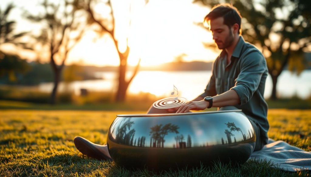 A serene outdoor scene showcasing a skilled musician playing a handpan on a soft grassy area. The musician, dressed in a casual yet professional outfit, is seated cross-legged, focused on creating melodies. In the foreground, the handpan gleams under the warm, golden sunset light, with its metallic surface reflecting hues of blue and green. In the middle, gentle ripples of sound radiate visually, suggesting the music's enchanting nature. The background features blurred trees and a tranquil lake, enhancing the mood of peace and introspection. The overall atmosphere is calming, inviting viewers to feel the connection to nature and the music. The image captures a moment of artistic expression and exploration. A serene outdoor scene showcasing a skilled musician playing a handpan on a soft grassy area. The musician, dressed in a casual yet professional outfit, is seated cross-legged, focused on creating melodies. In the foreground, the handpan gleams under the warm, golden sunset light, with its metallic surface reflecting hues of blue and green. In the middle, gentle ripples of sound radiate visually, suggesting the music's enchanting nature. The background features blurred trees and a tranquil lake, enhancing the mood of peace and introspection. The overall atmosphere is calming, inviting viewers to feel the connection to nature and the music. The image captures a moment of artistic expression and exploration.