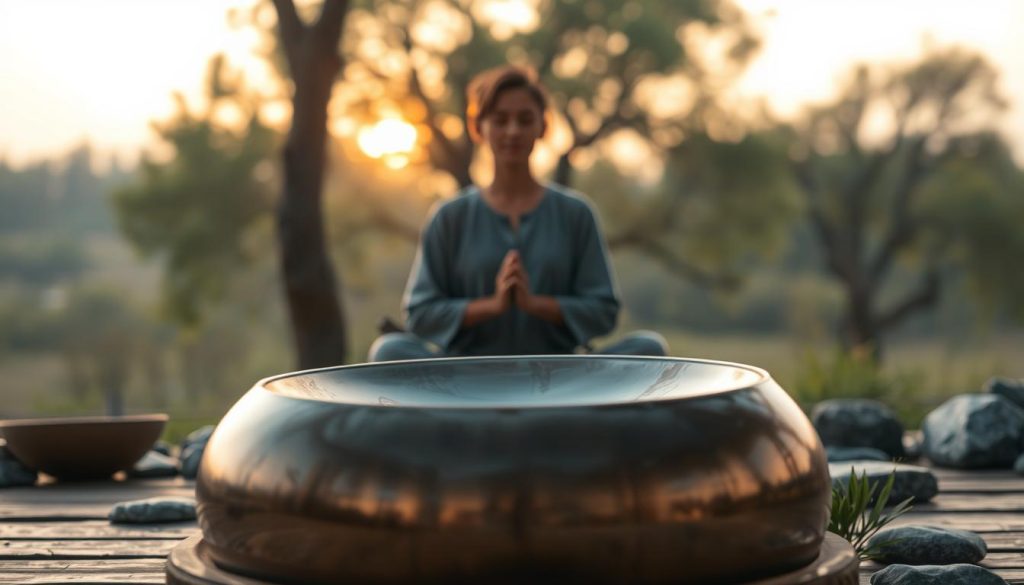 A serene scene featuring a handpan set in the foreground, the instrument gleaming under soft, warm ambient lighting. The handpan is positioned on a wooden platform surrounded by natural elements like smooth stones and gentle greenery. In the middle background, a tranquil musician, dressed in casual yet modest clothing, is gently playing the handpan, their expression embodying peace and focus. The atmosphere is bathed in a dream-like haze, evoking a sense of calm and relaxation. The background features blurred trees and a soft, glowing sunset, enhancing the ethereal quality of the scene. The lighting creates gentle shadows, highlighting the curves of the handpan and the tranquil posture of the musician. The overall mood is soothing and meditative, inviting the viewer to experience the calming vibrations of the handpan. A serene scene featuring a handpan set in the foreground, the instrument gleaming under soft, warm ambient lighting. The handpan is positioned on a wooden platform surrounded by natural elements like smooth stones and gentle greenery. In the middle background, a tranquil musician, dressed in casual yet modest clothing, is gently playing the handpan, their expression embodying peace and focus. The atmosphere is bathed in a dream-like haze, evoking a sense of calm and relaxation. The background features blurred trees and a soft, glowing sunset, enhancing the ethereal quality of the scene. The lighting creates gentle shadows, highlighting the curves of the handpan and the tranquil posture of the musician. The overall mood is soothing and meditative, inviting the viewer to experience the calming vibrations of the handpan.