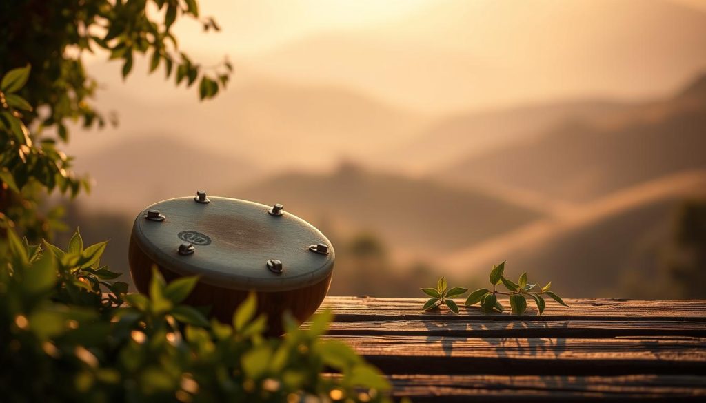 A serene scene of a tongue drum resting on a wooden surface, surrounded by lush, verdant foliage. The instrument is bathed in warm, soft lighting, casting gentle shadows that accentuate its organic curves. In the background, a blurred, dreamlike landscape of rolling hills and a hazy, golden sky creates a calming, contemplative atmosphere. The composition is balanced and harmonious, inviting the viewer to immerse themselves in the tranquil melody of the tongue drum. A serene scene of a tongue drum resting on a wooden surface, surrounded by lush, verdant foliage. The instrument is bathed in warm, soft lighting, casting gentle shadows that accentuate its organic curves. In the background, a blurred, dreamlike landscape of rolling hills and a hazy, golden sky creates a calming, contemplative atmosphere. The composition is balanced and harmonious, inviting the viewer to immerse themselves in the tranquil melody of the tongue drum.
