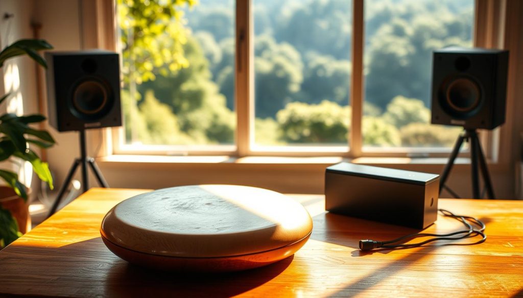 A serene, sun-dappled room with a tongue drum resting on a wooden table. Surrounding it, a carefully curated playlist of soothing, ambient music plays from a high-quality sound system, filling the space with a calming, meditative atmosphere. The drum's smooth, natural finish reflects the warm lighting, inviting the player to pick it up and lose themselves in the rhythmic, therapeutic experience. In the background, a large window overlooks a lush, verdant landscape, further enhancing the sense of tranquility and connection with nature. The overall scene conveys the advantages of practicing with a thoughtfully selected playlist - a harmonious blend of sound, light, and environment that elevates the tongue drum experience. A serene, sun-dappled room with a tongue drum resting on a wooden table. Surrounding it, a carefully curated playlist of soothing, ambient music plays from a high-quality sound system, filling the space with a calming, meditative atmosphere. The drum's smooth, natural finish reflects the warm lighting, inviting the player to pick it up and lose themselves in the rhythmic, therapeutic experience. In the background, a large window overlooks a lush, verdant landscape, further enhancing the sense of tranquility and connection with nature. The overall scene conveys the advantages of practicing with a thoughtfully selected playlist - a harmonious blend of sound, light, and environment that elevates the tongue drum experience.