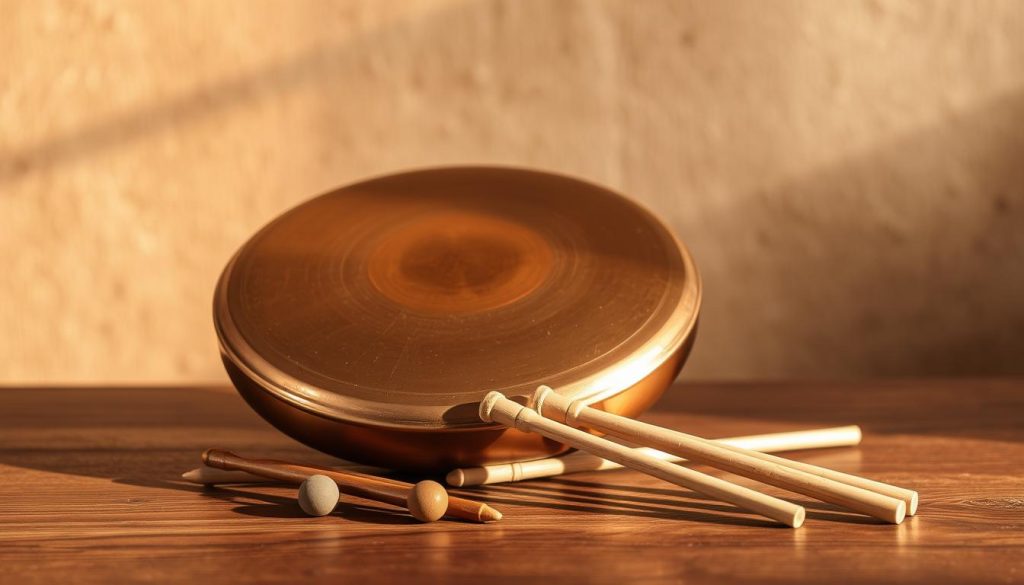 A serene tongue drum resting on a wooden surface, surrounded by mallet sticks in a fan-like arrangement. The instrument's bronze-toned body reflects the warm lighting, casting soft shadows across the tabletop. In the background, a blurred, earthy-toned wall texture provides a natural, soothing backdrop. The composition emphasizes the tactile, meditative qualities of the tongue drum, inviting the viewer to imagine the gentle rhythms and resonant tones it can produce. The overall mood is one of calm contemplation, evoking the techniques and musicality associated with this unique percussion instrument. A serene tongue drum resting on a wooden surface, surrounded by mallet sticks in a fan-like arrangement. The instrument's bronze-toned body reflects the warm lighting, casting soft shadows across the tabletop. In the background, a blurred, earthy-toned wall texture provides a natural, soothing backdrop. The composition emphasizes the tactile, meditative qualities of the tongue drum, inviting the viewer to imagine the gentle rhythms and resonant tones it can produce. The overall mood is one of calm contemplation, evoking the techniques and musicality associated with this unique percussion instrument.