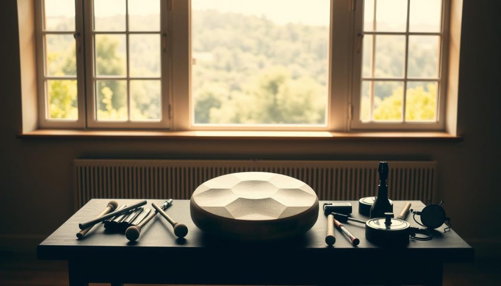 A serene, well-lit studio with a wooden tongue drum positioned prominently on a table. The drum is surrounded by various percussion accessories like mallets, chimes, and a metronome, suggesting a practice setup. Warm, diffused lighting casts soft shadows, creating a calming, contemplative atmosphere. The background features a large, airy window overlooking a lush, natural landscape, further emphasizing the meditative quality of the scene. The overall composition conveys a sense of focused practice and a journey towards musical progression with the tongue drum. A serene, well-lit studio with a wooden tongue drum positioned prominently on a table. The drum is surrounded by various percussion accessories like mallets, chimes, and a metronome, suggesting a practice setup. Warm, diffused lighting casts soft shadows, creating a calming, contemplative atmosphere. The background features a large, airy window overlooking a lush, natural landscape, further emphasizing the meditative quality of the scene. The overall composition conveys a sense of focused practice and a journey towards musical progression with the tongue drum.