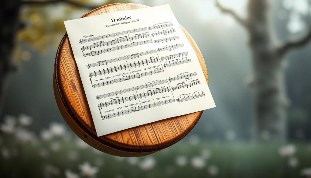 A sheet of sheet music for a tongue drum in D minor, floating in a serene, ethereal environment. The partitions are clearly legible, with intricate musical notation and dynamic markings. The drum itself is prominently displayed, its warm, wooden tones complemented by soft, diffused lighting. The background features a blurred, dreamy landscape, perhaps a peaceful forest or a tranquil meadow, creating a contemplative, meditative atmosphere. The overall composition emphasizes the importance of understanding and interpreting the musical score to fully appreciate the nuances of the tongue drum performance. A sheet of sheet music for a tongue drum in D minor, floating in a serene, ethereal environment. The partitions are clearly legible, with intricate musical notation and dynamic markings. The drum itself is prominently displayed, its warm, wooden tones complemented by soft, diffused lighting. The background features a blurred, dreamy landscape, perhaps a peaceful forest or a tranquil meadow, creating a contemplative, meditative atmosphere. The overall composition emphasizes the importance of understanding and interpreting the musical score to fully appreciate the nuances of the tongue drum performance.