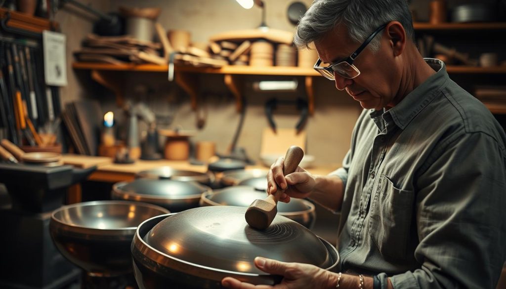 A skilled artisan is carefully crafting a handpan in a cozy workshop filled with tools and materials. In the foreground, focus on the artisan, a middle-aged man wearing a simple, modest shirt and safety goggles, gently hammering the metal surface of the handpan with precision. In the middle, showcase several handpans in various stages of completion, highlighting the beautiful, intricate patterns and vibrant colors of the metal. In the background, display shelves filled with tools and raw materials, such as steel, a torch, and an anvil, under warm, soft lighting that creates an inviting atmosphere. The angle should be slightly elevated to capture the artisan's focused expression, emphasizing the craftsmanship and passion behind the handpan's creation. A skilled artisan is carefully crafting a handpan in a cozy workshop filled with tools and materials. In the foreground, focus on the artisan, a middle-aged man wearing a simple, modest shirt and safety goggles, gently hammering the metal surface of the handpan with precision. In the middle, showcase several handpans in various stages of completion, highlighting the beautiful, intricate patterns and vibrant colors of the metal. In the background, display shelves filled with tools and raw materials, such as steel, a torch, and an anvil, under warm, soft lighting that creates an inviting atmosphere. The angle should be slightly elevated to capture the artisan's focused expression, emphasizing the craftsmanship and passion behind the handpan's creation.