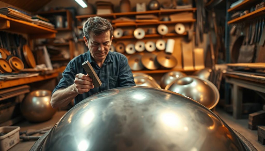 A skilled craftsperson meticulously shaping a handpan in a workshop filled with tools and materials. In the foreground, focus on the artisan's hands as they hammer the gleaming metal surface of the handpan, showcasing the intricate details and contours. The middle ground features an array of handpan instruments in various stages of completion, reflecting different shapes and sizes. The background includes shelves filled with tools and metal sheets, with warm, diffused lighting creating a cozy atmosphere, illuminating the craftsmanship. The angle captures both the artisan's focused expression and the beauty of the handpan, conveying a sense of dedication and artistry in the instrument's fabrication process. A skilled craftsperson meticulously shaping a handpan in a workshop filled with tools and materials. In the foreground, focus on the artisan's hands as they hammer the gleaming metal surface of the handpan, showcasing the intricate details and contours. The middle ground features an array of handpan instruments in various stages of completion, reflecting different shapes and sizes. The background includes shelves filled with tools and metal sheets, with warm, diffused lighting creating a cozy atmosphere, illuminating the craftsmanship. The angle captures both the artisan's focused expression and the beauty of the handpan, conveying a sense of dedication and artistry in the instrument's fabrication process.