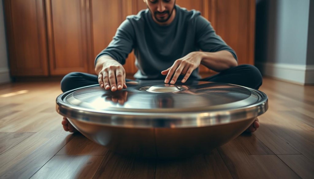 A skilled musician sits cross-legged on a wooden floor, gently playing a handpan with a focused expression. The foreground features close-up details of the musician’s hands poised above the gleaming surface of the handpan, showcasing various hand positions and techniques. In the middle, the player’s face reflects concentration and serenity, dressed in modest casual attire. The background includes soft, ambient lighting that casts gentle shadows, enhancing the warm wood tones of the room and adding a cozy atmosphere. The angle captures a slight low perspective, emphasizing the depth of the handpan's curves and inviting viewers into the moment. Overall, the image conveys a sense of calm and focus, perfect for illustrating the technique of playing the handpan. A skilled musician sits cross-legged on a wooden floor, gently playing a handpan with a focused expression. The foreground features close-up details of the musician’s hands poised above the gleaming surface of the handpan, showcasing various hand positions and techniques. In the middle, the player’s face reflects concentration and serenity, dressed in modest casual attire. The background includes soft, ambient lighting that casts gentle shadows, enhancing the warm wood tones of the room and adding a cozy atmosphere. The angle captures a slight low perspective, emphasizing the depth of the handpan's curves and inviting viewers into the moment. Overall, the image conveys a sense of calm and focus, perfect for illustrating the technique of playing the handpan.