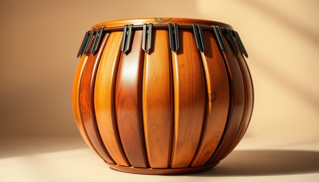A vibrant and detailed tongue drum, its wooden body divided into carefully crafted partitions, each producing a unique resonant tone. The instrument is situated in a warm, softly-lit studio environment, with a neutral background that allows the drum's intricate details to take center stage. The lighting casts gentle shadows, accentuating the drum's contours and highlighting the natural grains and textures of the wood. The overall atmosphere is one of tranquility and musical exploration, inviting the viewer to imagine the soothing, meditative sounds the tongue drum might produce. A vibrant and detailed tongue drum, its wooden body divided into carefully crafted partitions, each producing a unique resonant tone. The instrument is situated in a warm, softly-lit studio environment, with a neutral background that allows the drum's intricate details to take center stage. The lighting casts gentle shadows, accentuating the drum's contours and highlighting the natural grains and textures of the wood. The overall atmosphere is one of tranquility and musical exploration, inviting the viewer to imagine the soothing, meditative sounds the tongue drum might produce.