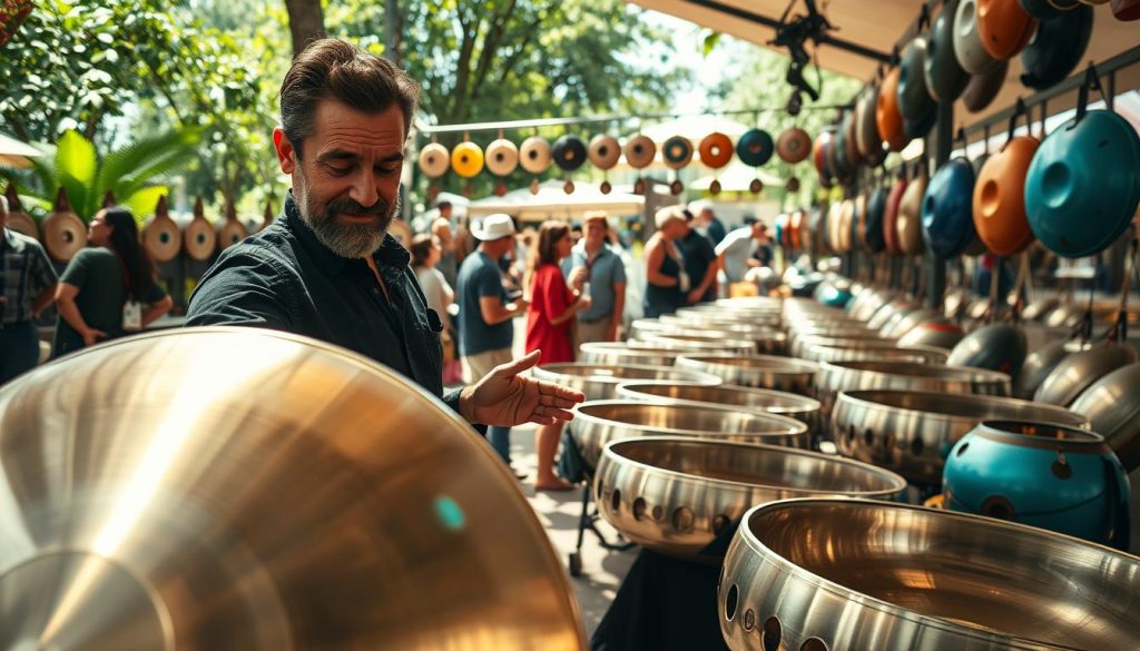 A vibrant handpan marketplace bustling with energy, featuring skilled artisans showcasing their unique handpans in various colors and designs. In the foreground, a close-up view reveals a well-dressed artisan demonstrating a handpan's sound, with bright sunlight glinting off its metallic surface. In the middle ground, several customers explore the offerings, while in the background, an array of handcrafted handpans hang from display stands, surrounded by lush greenery. Soft, natural lighting enhances the inviting atmosphere, creating a warm and welcoming feel. The angle of the shot captures the liveliness of the market, focusing on the interaction between artisans and enthusiasts, conveying a sense of community and passion for handpan music. A vibrant handpan marketplace bustling with energy, featuring skilled artisans showcasing their unique handpans in various colors and designs. In the foreground, a close-up view reveals a well-dressed artisan demonstrating a handpan's sound, with bright sunlight glinting off its metallic surface. In the middle ground, several customers explore the offerings, while in the background, an array of handcrafted handpans hang from display stands, surrounded by lush greenery. Soft, natural lighting enhances the inviting atmosphere, creating a warm and welcoming feel. The angle of the shot captures the liveliness of the market, focusing on the interaction between artisans and enthusiasts, conveying a sense of community and passion for handpan music.
