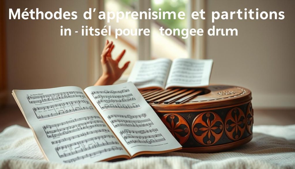 A visually engaging, detailed image of "Méthodes d'apprentissage et partitions pour tongue drum". In the foreground, a tongue drum with intricate, hand-carved designs lies open, revealing sheet music with clear notation. In the middle ground, a musician's hands gracefully strike the drum's tongues, evoking a soothing, meditative melody. The background depicts a serene, minimalist environment with soft natural lighting, perhaps a tranquil studio or performance space, emphasizing the focus on the learning and practice of this unique instrument. The overall mood is one of tranquility, thoughtfulness, and the joy of musical exploration. A visually engaging, detailed image of "Méthodes d'apprentissage et partitions pour tongue drum". In the foreground, a tongue drum with intricate, hand-carved designs lies open, revealing sheet music with clear notation. In the middle ground, a musician's hands gracefully strike the drum's tongues, evoking a soothing, meditative melody. The background depicts a serene, minimalist environment with soft natural lighting, perhaps a tranquil studio or performance space, emphasizing the focus on the learning and practice of this unique instrument. The overall mood is one of tranquility, thoughtfulness, and the joy of musical exploration.