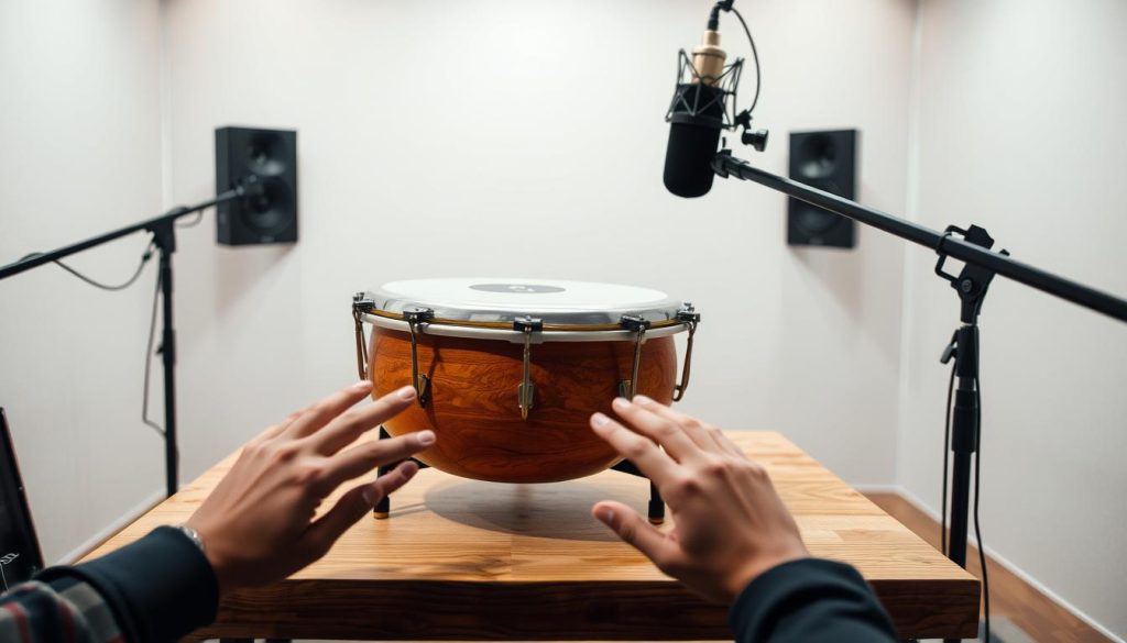 A well-lit recording studio setup with a tongue drum prominently placed on a sturdy wooden table. The drum has a rich, warm finish, and its metallic tones are visible. In the foreground, hands are shown playing the instrument, capturing the dynamic rhythms and vibrant tones. The background features a neutral, minimalist environment with soft, diffused lighting, allowing the focus to remain on the tongue drum and the recording process. The overall atmosphere conveys a sense of concentration, creativity, and the joy of musical exploration.