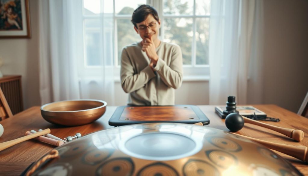A close-up view of a beautifully crafted handpan displayed on a wooden table, surrounded by various handpan accessories, such as mallets and a tuning device. In the foreground, the handpan gleams with intricate designs, showcasing its pastel colors and polished surface. The middle ground features a thoughtful person in modest casual clothing, gently inspecting the handpan, demonstrating care and interest. The background includes soft, natural lighting filtering through a large window, illuminating the scene and accentuating the warm, inviting atmosphere. The overall mood is serene and contemplative, ideal for anyone considering the purchase of a quality handpan. The focus is solely on the handpan and the person, creating a sense of connection to the instrument. A close-up view of a beautifully crafted handpan displayed on a wooden table, surrounded by various handpan accessories, such as mallets and a tuning device. In the foreground, the handpan gleams with intricate designs, showcasing its pastel colors and polished surface. The middle ground features a thoughtful person in modest casual clothing, gently inspecting the handpan, demonstrating care and interest. The background includes soft, natural lighting filtering through a large window, illuminating the scene and accentuating the warm, inviting atmosphere. The overall mood is serene and contemplative, ideal for anyone considering the purchase of a quality handpan. The focus is solely on the handpan and the person, creating a sense of connection to the instrument.