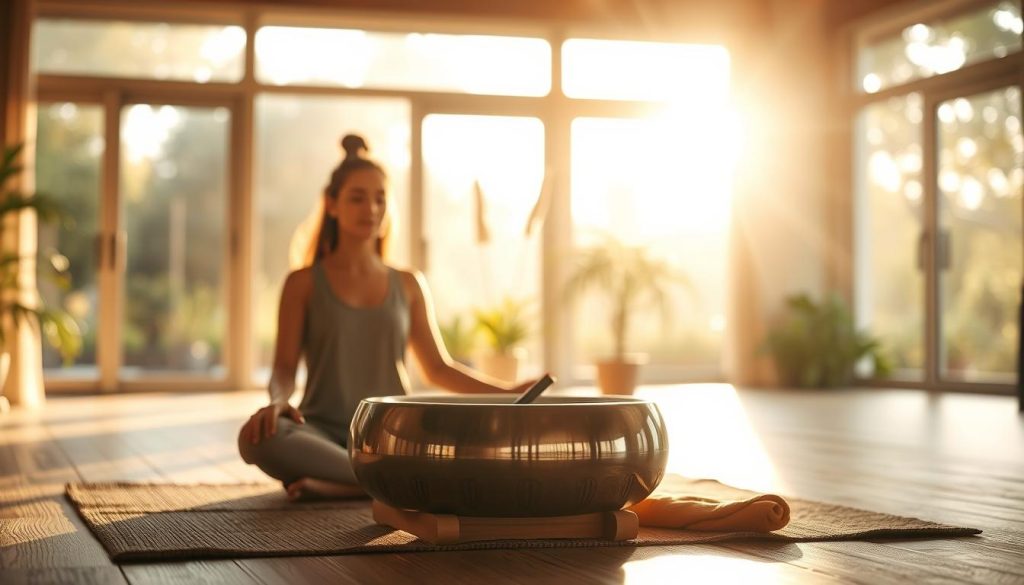 A serene and harmonious yoga and meditation scene featuring a peaceful indoor space bathed in soft, golden light. In the foreground, a practitioner dressed in comfortable, modest yoga attire sits cross-legged on a natural fiber mat, with a handpan resting in front of them. The handpan reflects sunlight, creating glimmers on its surface. In the middle ground, there are plants gently swaying, adding a touch of nature. Behind, large windows reveal a tranquil garden, blurring the boundaries between indoor and outdoor spaces. The atmosphere is calm and introspective, evoking a sense of mindfulness and tranquility, emphasizing the integration of sound and meditation. The soft bokeh effect enhances the dreamlike quality of the environment. A serene and harmonious yoga and meditation scene featuring a peaceful indoor space bathed in soft, golden light. In the foreground, a practitioner dressed in comfortable, modest yoga attire sits cross-legged on a natural fiber mat, with a handpan resting in front of them. The handpan reflects sunlight, creating glimmers on its surface. In the middle ground, there are plants gently swaying, adding a touch of nature. Behind, large windows reveal a tranquil garden, blurring the boundaries between indoor and outdoor spaces. The atmosphere is calm and introspective, evoking a sense of mindfulness and tranquility, emphasizing the integration of sound and meditation. The soft bokeh effect enhances the dreamlike quality of the environment.