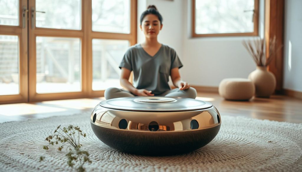 A serene and tranquil scene showcasing a handpan placed gently on a soft, natural fiber rug, adorned with delicate plants in the foreground. The middle layer features a peaceful individual, dressed in modest casual clothing, sitting cross-legged with closed eyes, deeply immersed in meditation, and lightly touching the handpan with one hand. In the background, soft light filters through large windows, highlighting a calm room with wooden accents and subtle earthy colors, creating a warm, inviting atmosphere. The overall mood is soothing and harmonious, evoking feelings of concentration and relaxation, with gentle shadows enhancing the sense of tranquility. The image captures the essence of meditation through music, promoting a focus on inner peace and mindfulness. A serene and tranquil scene showcasing a handpan placed gently on a soft, natural fiber rug, adorned with delicate plants in the foreground. The middle layer features a peaceful individual, dressed in modest casual clothing, sitting cross-legged with closed eyes, deeply immersed in meditation, and lightly touching the handpan with one hand. In the background, soft light filters through large windows, highlighting a calm room with wooden accents and subtle earthy colors, creating a warm, inviting atmosphere. The overall mood is soothing and harmonious, evoking feelings of concentration and relaxation, with gentle shadows enhancing the sense of tranquility. The image captures the essence of meditation through music, promoting a focus on inner peace and mindfulness.