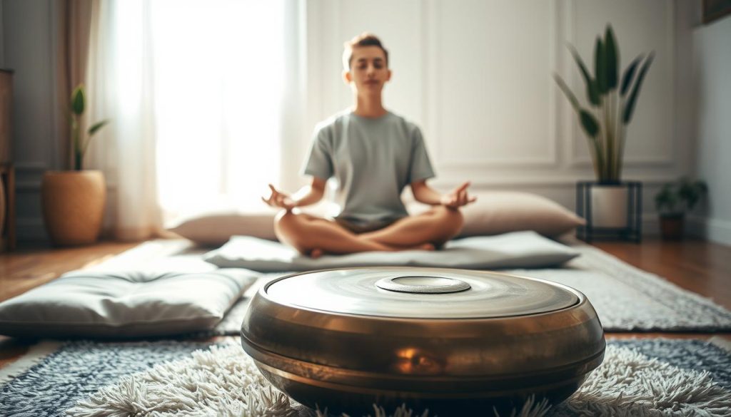 A serene indoor setting featuring a handpan in the foreground, highlighted by soft natural light filtering through a window. The handpan, crafted with intricate patterns and metallic hues, sits on a plush rug surrounded by cushions, inviting relaxation. In the middle ground, a person in modest casual clothing sits cross-legged, meditating with eyes closed, embodying tranquility and focus. The background showcases a minimalist yet calming aesthetic, with subtle plants and soft textures enhancing the atmosphere. The overall mood conveys a sense of peace and mindfulness, emphasizing the spiritual and physical benefits of handpan meditation. Use a slightly warm color palette, with a depth of field that draws attention to the handpan and the meditative figure. A serene indoor setting featuring a handpan in the foreground, highlighted by soft natural light filtering through a window. The handpan, crafted with intricate patterns and metallic hues, sits on a plush rug surrounded by cushions, inviting relaxation. In the middle ground, a person in modest casual clothing sits cross-legged, meditating with eyes closed, embodying tranquility and focus. The background showcases a minimalist yet calming aesthetic, with subtle plants and soft textures enhancing the atmosphere. The overall mood conveys a sense of peace and mindfulness, emphasizing the spiritual and physical benefits of handpan meditation. Use a slightly warm color palette, with a depth of field that draws attention to the handpan and the meditative figure.