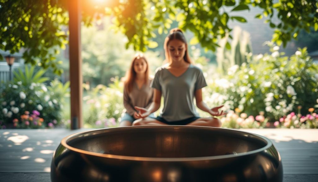 A serene meditation space featuring a handpan prominently in the foreground, delicately illuminated by soft, warm light that creates an inviting ambiance. In the middle ground, a pair of individuals, dressed in modest casual clothing, are deeply engaged in playing the handpan, their expressions reflecting tranquility and joy. The background reveals a lush garden setting filled with vibrant greenery and gentle flowers, enhancing the feeling of relaxation and peace. Natural sunlight filters through the leaves, casting dappled shadows on the ground. The overall mood is calming and harmonious, inviting viewers to appreciate the fusion of music and well-being in this visual representation of the handpan's essence. A serene meditation space featuring a handpan prominently in the foreground, delicately illuminated by soft, warm light that creates an inviting ambiance. In the middle ground, a pair of individuals, dressed in modest casual clothing, are deeply engaged in playing the handpan, their expressions reflecting tranquility and joy. The background reveals a lush garden setting filled with vibrant greenery and gentle flowers, enhancing the feeling of relaxation and peace. Natural sunlight filters through the leaves, casting dappled shadows on the ground. The overall mood is calming and harmonious, inviting viewers to appreciate the fusion of music and well-being in this visual representation of the handpan's essence.