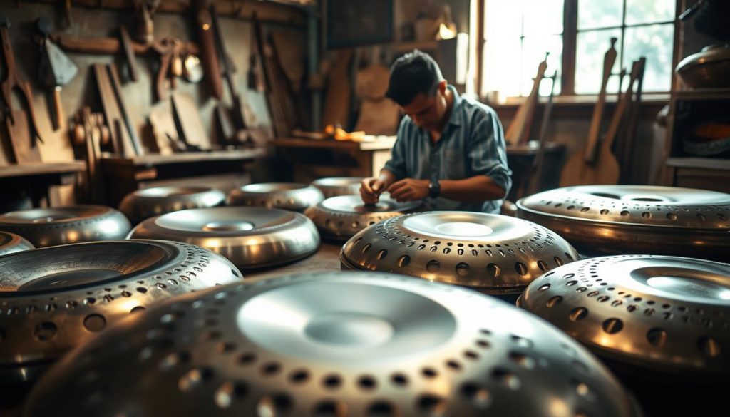 A serene setting showcasing the history and creation of the handpan instrument. In the foreground, a skilled artisan in modest casual clothing delicately crafts a handpan, focused on the intricate details of the metal surface. The middle ground features various handpans in different stages of completion, reflecting their unique shapes and colors—circular with dimples, polished and inviting. In the background, soft natural lighting filters through a rustic workshop, illuminating wooden tools and creating a warm atmosphere. The mood is tranquil and creative, capturing the essence of craftsmanship and musical innovation. The angle is slightly elevated, providing a clear view of both the artisan's work and the surrounding tools, inviting viewers into the world of handpan creation. A serene setting showcasing the history and creation of the handpan instrument. In the foreground, a skilled artisan in modest casual clothing delicately crafts a handpan, focused on the intricate details of the metal surface. The middle ground features various handpans in different stages of completion, reflecting their unique shapes and colors—circular with dimples, polished and inviting. In the background, soft natural lighting filters through a rustic workshop, illuminating wooden tools and creating a warm atmosphere. The mood is tranquil and creative, capturing the essence of craftsmanship and musical innovation. The angle is slightly elevated, providing a clear view of both the artisan's work and the surrounding tools, inviting viewers into the world of handpan creation.