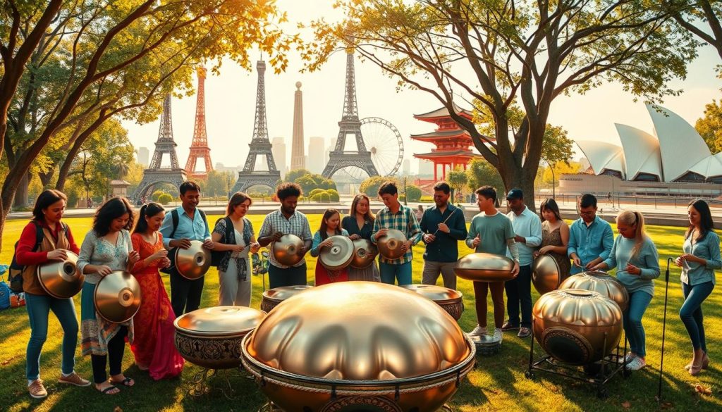 A vibrant scene illustrating the global diffusion of the handpan, with diverse musicians playing handpans across different cultural landscapes. In the foreground, a joyful group of musicians from various ethnic backgrounds, dressed in casual, colorful clothing, gather in a park, sharing their music. The middle ground features a variety of handpans, showcasing different designs and crafts from around the world. In the background, iconic elements from various countries – such as the Eiffel Tower, a traditional Japanese pagoda, and the Sydney Opera House – symbolize the international appeal of the handpan. The lighting is warm and inviting, with soft rays of sunlight filtering through trees, creating a serene and inspirational atmosphere, captured from a slightly elevated angle for a panoramic view. A vibrant scene illustrating the global diffusion of the handpan, with diverse musicians playing handpans across different cultural landscapes. In the foreground, a joyful group of musicians from various ethnic backgrounds, dressed in casual, colorful clothing, gather in a park, sharing their music. The middle ground features a variety of handpans, showcasing different designs and crafts from around the world. In the background, iconic elements from various countries – such as the Eiffel Tower, a traditional Japanese pagoda, and the Sydney Opera House – symbolize the international appeal of the handpan. The lighting is warm and inviting, with soft rays of sunlight filtering through trees, creating a serene and inspirational atmosphere, captured from a slightly elevated angle for a panoramic view.