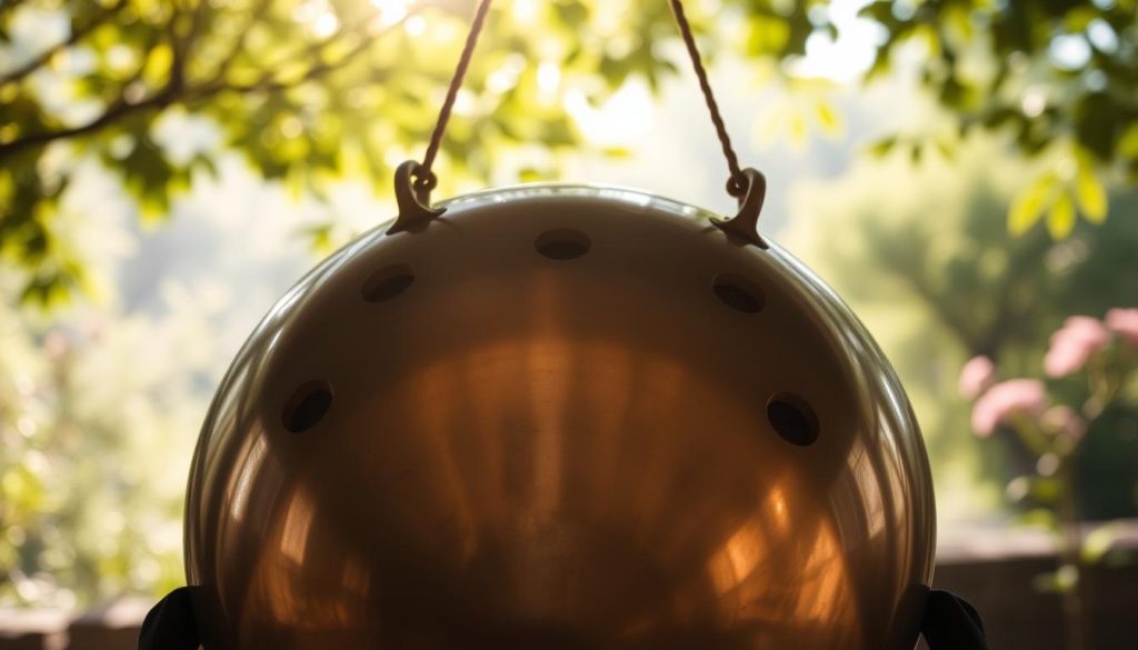 A beautifully crafted Hang drum sits centrally in the foreground, its polished, metallic surface reflecting soft, warm light. The instrument features a distinct, dome-like shape with multiple indentations, each intricately designed, inviting viewers to explore its craftsmanship. In the middle ground, a soft-focus background reveals a serene, natural setting—perhaps a tranquil garden or a peaceful woodland glade. Gentle dappled sunlight filters through leaves, creating a soothing ambiance. The scene conveys a sense of history and tranquility, symbolizing the origins of this unique instrument. The mood is inviting and contemplative, ideal for showcasing the Hang drum's rich heritage. Capture the scene with a slightly elevated angle to highlight the instrument's features while maintaining a natural, immersive perspective.