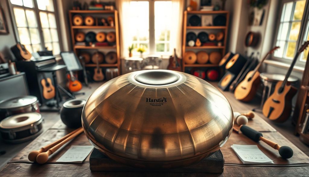 A beautifully crafted handpan displayed prominently in the foreground, its polished surface reflecting soft natural light. The handpan is situated on a rustic wooden table surrounded by an assortment of quality musical accessories, like mallets and a tuning guide. In the middle ground, a cozy music studio environment features shelves adorned with various handpans and musical instruments. Large windows in the background allow warm sunlight to filter in, creating a welcoming and artistic atmosphere. The scene conveys a sense of calmness and creativity, inviting viewers to appreciate the unique sound and quality craftsmanship of handpans available in France. The perspective is slightly tilted, highlighting the handpan's intricate craftsmanship and the inviting ambiance of the music space. A beautifully crafted handpan displayed prominently in the foreground, its polished surface reflecting soft natural light. The handpan is situated on a rustic wooden table surrounded by an assortment of quality musical accessories, like mallets and a tuning guide. In the middle ground, a cozy music studio environment features shelves adorned with various handpans and musical instruments. Large windows in the background allow warm sunlight to filter in, creating a welcoming and artistic atmosphere. The scene conveys a sense of calmness and creativity, inviting viewers to appreciate the unique sound and quality craftsmanship of handpans available in France. The perspective is slightly tilted, highlighting the handpan's intricate craftsmanship and the inviting ambiance of the music space.