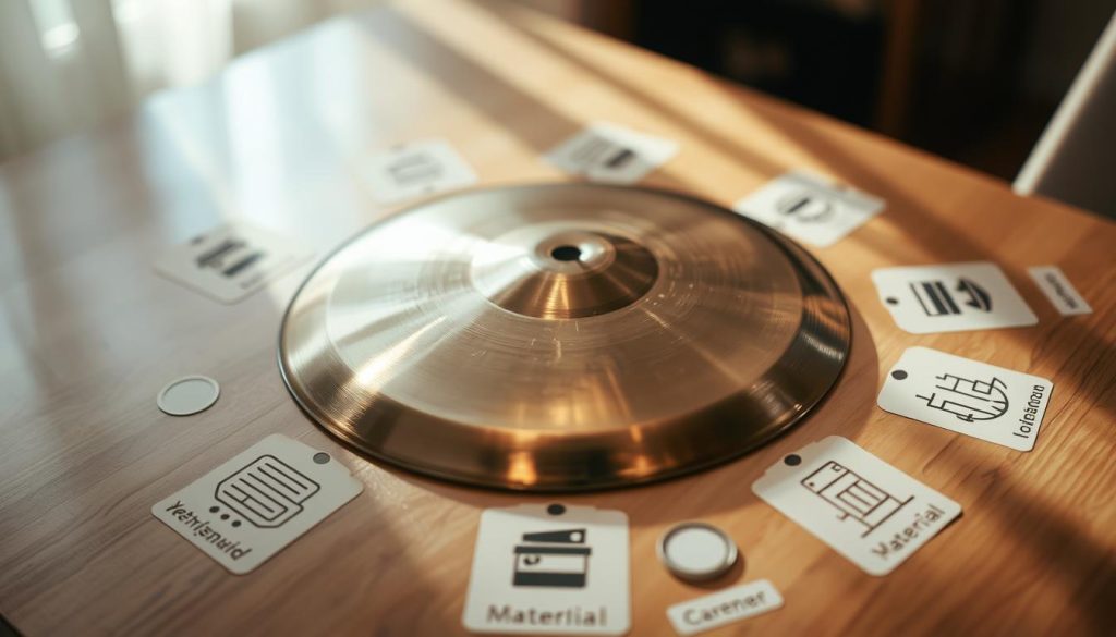 A close-up view of a handpan surrounded by essential criteria for choosing one, artistically represented on a table. The handpan, glistening with metallic hues, is centrally placed, showcasing its unique curves and tones. Surrounding it, elegant icons or illustrations symbolize criteria such as sound quality, material, size, and craftsmanship, each represented in a minimalist style. The background features soft, diffused lighting, evoking a calm and inviting atmosphere, ideal for music enthusiasts. Use a shallow depth of field to focus on the handpan, with the criteria subtly blurred but still recognizable. The image should convey a sense of professionalism and warmth, suitable for an informative article. A close-up view of a handpan surrounded by essential criteria for choosing one, artistically represented on a table. The handpan, glistening with metallic hues, is centrally placed, showcasing its unique curves and tones. Surrounding it, elegant icons or illustrations symbolize criteria such as sound quality, material, size, and craftsmanship, each represented in a minimalist style. The background features soft, diffused lighting, evoking a calm and inviting atmosphere, ideal for music enthusiasts. Use a shallow depth of field to focus on the handpan, with the criteria subtly blurred but still recognizable. The image should convey a sense of professionalism and warmth, suitable for an informative article.