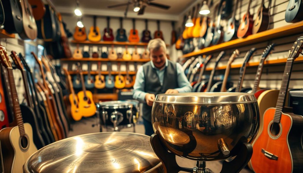 A cozy, well-lit music shop interior filled with various musical instruments, prominently featuring a handpan displayed on a wooden stand in the foreground. The handpan, made of polished metal with intricate designs, catches the light, showcasing its craftsmanship. In the middle ground, a friendly shop owner in professional attire, with a welcoming smile, assists a customer inspecting another handpan. The background includes shelves lined with other instruments, like guitars and drums, giving a sense of community and trust. Soft, warm lighting creates an inviting atmosphere, enhancing the feel of safety and reliability in purchasing. The angle is slightly from above to capture the scene in its entirety, emphasizing the nurturing environment of buying used musical instruments securely.