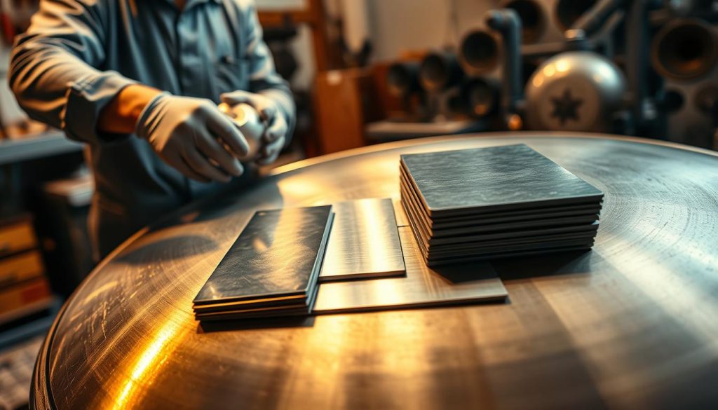 A detailed close-up view of a handpan being crafted, showcasing the transition from nitride steel to stainless steel. In the foreground, a skilled artisan in professional attire meticulously shapes a handpan, their hands gloved and focused. The artisan is working in a well-lit workshop, with tools and machinery subtly visible in the background. The middle layer features a variety of steel materials, including samples of both nitrided and stainless steel, arranged aesthetically on a workbench. The lighting is warm and focused, casting soft shadows that enhance the textures of the metal surfaces. The overall atmosphere is one of craftsmanship and precision, evoking a sense of dedication and artistry in the creation of these unique instruments.