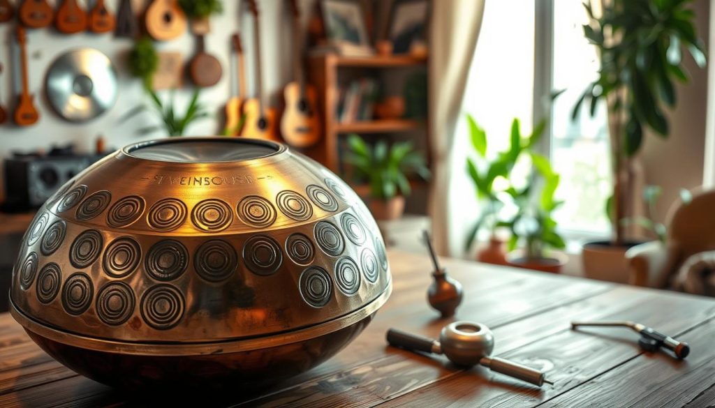 A high-quality, used handpan rests on a rustic wooden table, displaying its intricate metal surface adorned with circular notes and a deep bronze hue. The foreground highlights the handpan, with soft, natural lighting illuminating its reflective curves and detailed craftsmanship. In the middle ground, tools for inspection, such as a tuner and a small magnifying glass, hint at the checks potential buyers might perform. The background features a softly blurred cozy room filled with warm inviting light, shelves lined with musical instruments, and green plants for a peaceful atmosphere. The mood conveys a sense of care and attention, emphasizing the importance of quality in purchasing a used handpan, suitable for an article section about verification points before buying.