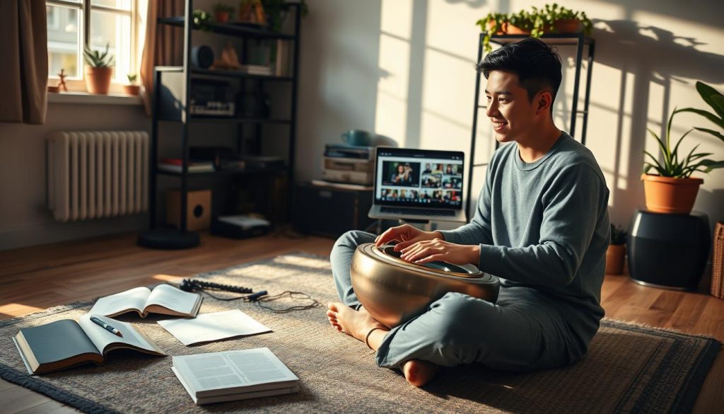 A peaceful study environment featuring a young adult enthusiastically learning to play a handpan while watching instructional YouTube videos on a laptop. In the foreground, the individual sits cross-legged on a comfortable rug, wearing casual, modest clothing. Surrounding them are handpan-related books and scattered notes. The middle ground includes a well-lit laptop displaying a YouTube interface with colorful video thumbnails related to handpan lessons. In the background, shelves filled with music equipment and plants create a relaxed, inviting atmosphere. Soft natural lighting from a nearby window casts warm shadows, enhancing the cozy, focused mood of the scene. The angle captures both the learner and the visual elements of the learning space harmoniously. A peaceful study environment featuring a young adult enthusiastically learning to play a handpan while watching instructional YouTube videos on a laptop. In the foreground, the individual sits cross-legged on a comfortable rug, wearing casual, modest clothing. Surrounding them are handpan-related books and scattered notes. The middle ground includes a well-lit laptop displaying a YouTube interface with colorful video thumbnails related to handpan lessons. In the background, shelves filled with music equipment and plants create a relaxed, inviting atmosphere. Soft natural lighting from a nearby window casts warm shadows, enhancing the cozy, focused mood of the scene. The angle captures both the learner and the visual elements of the learning space harmoniously.