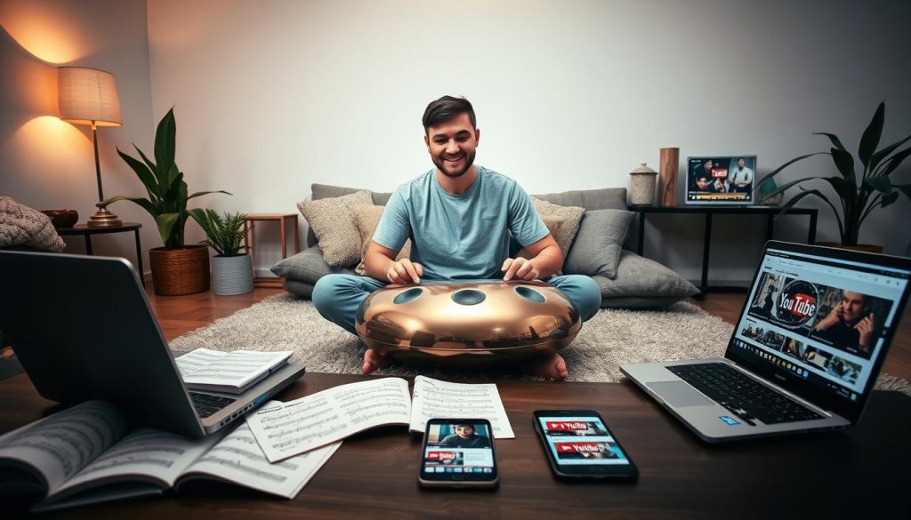 A person sitting cross-legged on a cozy, minimalist living room floor, engrossed in a handpan, surrounded by an array of handpan-related resources like books, tablets, and open laptops displaying YouTube channels. The foreground features the individual in modest casual clothing, focused and relaxed, with a warm smile. The midground showcases handpan music sheets and a smartphone with a YouTube interface on the table, emphasizing the theme of optimization in research. The background features soft ambient lighting, with plants and soothing colors, creating a calming atmosphere. The setting is inviting, capturing the essence of exploring music online, with a hint of artistic flair in the decor, evoking a peaceful and inspiring mood. A person sitting cross-legged on a cozy, minimalist living room floor, engrossed in a handpan, surrounded by an array of handpan-related resources like books, tablets, and open laptops displaying YouTube channels. The foreground features the individual in modest casual clothing, focused and relaxed, with a warm smile. The midground showcases handpan music sheets and a smartphone with a YouTube interface on the table, emphasizing the theme of optimization in research. The background features soft ambient lighting, with plants and soothing colors, creating a calming atmosphere. The setting is inviting, capturing the essence of exploring music online, with a hint of artistic flair in the decor, evoking a peaceful and inspiring mood.