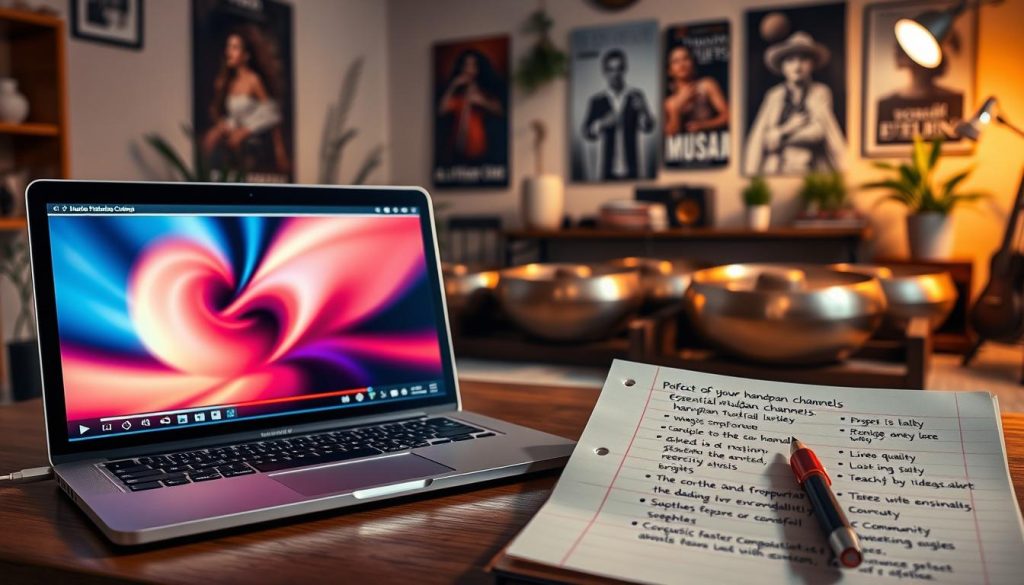 A serene and engaging scene depicting a selection of handpan YouTube channels, illustrated with a laptop displaying a vibrant handpan tutorial video in the foreground. Next to the laptop, a notebook filled with notes on essential criteria for choosing handpan channels, such as video quality, teaching style, and community engagement. In the middle ground, a cozy workspace with soft, warm lighting accentuating acoustic instruments, including handpans of various designs. In the background, posters of popular handpan artists adorning the wall and subtle decorative elements like plants and books enhancing the inviting atmosphere. The mood is inspiring and informative, perfect for music enthusiasts seeking to learn. The focus should be on professionalism and clarity, with no distractions in the frame. A serene and engaging scene depicting a selection of handpan YouTube channels, illustrated with a laptop displaying a vibrant handpan tutorial video in the foreground. Next to the laptop, a notebook filled with notes on essential criteria for choosing handpan channels, such as video quality, teaching style, and community engagement. In the middle ground, a cozy workspace with soft, warm lighting accentuating acoustic instruments, including handpans of various designs. In the background, posters of popular handpan artists adorning the wall and subtle decorative elements like plants and books enhancing the inviting atmosphere. The mood is inspiring and informative, perfect for music enthusiasts seeking to learn. The focus should be on professionalism and clarity, with no distractions in the frame.