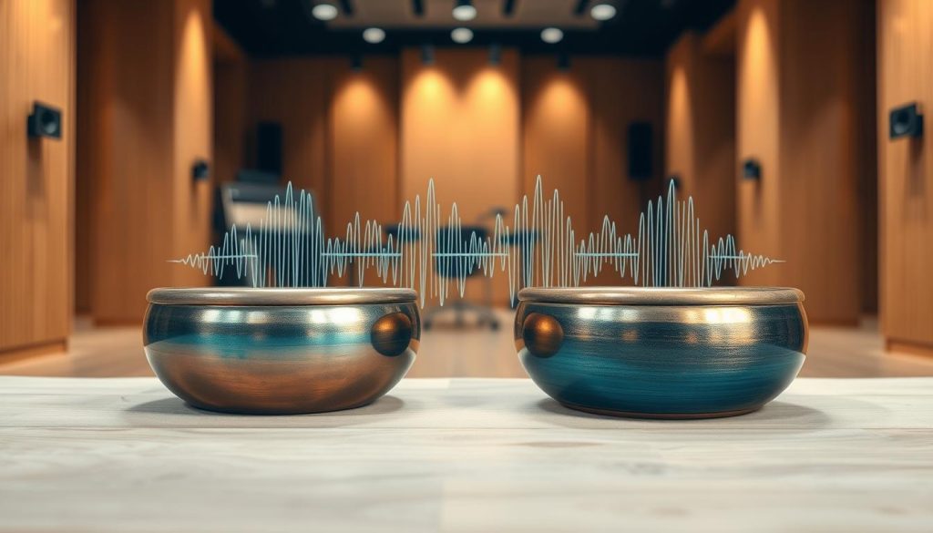 A serene and inviting acoustic environment showcasing the characteristics of handpans and hang drums. In the foreground, two beautifully crafted handpans, one with a vibrant, polished blue hue and the other with a rich, warm bronze tone, are placed on a soft, natural wooden surface. In the middle ground, a sound wave representation flows from each instrument, visually depicting their unique sonic qualities. The background features a softly blurred music studio with warm acoustic panels and ambient light filtering through large windows, creating a tranquil atmosphere. The image should have a gentle, calming light, with the focus sharp on the instruments and waves, conveying a sense of harmony and exploration in sound. No text or distractions are present.