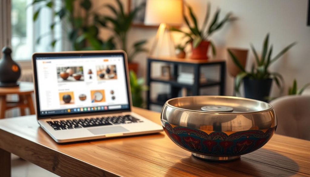 A serene and inviting online shopping scene for a handpan, focusing on a beautifully crafted handpan displayed prominently on a wooden table in the foreground. The handpan features vibrant colors and intricate patterns, reflecting quality craftsmanship. In the middle ground, a laptop shows an online store webpage dedicated to handpans, with product images and descriptions visible. Soft, warm lighting creates a cozy atmosphere, suggesting an afternoon at home. In the background, a tastefully decorated room with plants and a calm ambiance enhances the mood of exploring music. The scene conveys the idea of purchasing a quality handpan online in France, blending modern technology with artistic expression. A serene and inviting online shopping scene for a handpan, focusing on a beautifully crafted handpan displayed prominently on a wooden table in the foreground. The handpan features vibrant colors and intricate patterns, reflecting quality craftsmanship. In the middle ground, a laptop shows an online store webpage dedicated to handpans, with product images and descriptions visible. Soft, warm lighting creates a cozy atmosphere, suggesting an afternoon at home. In the background, a tastefully decorated room with plants and a calm ambiance enhances the mood of exploring music. The scene conveys the idea of purchasing a quality handpan online in France, blending modern technology with artistic expression.