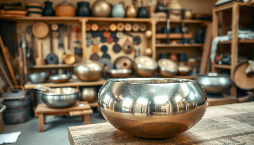A serene and inviting workshop setting showcasing a high-quality handpan in the foreground, elegantly displayed on a wooden workbench. The handpan features intricate craftsmanship with shiny metallic tones, reflecting soft natural light filtering through a nearby window. In the middle ground, a selection of handpans of varying sizes and colors, highlighting different designs and tunings, arranged artfully. In the background, shelves filled with handpan-building tools and materials, creating an authentic artisanal atmosphere, with warm wooden textures. The overall mood is tranquil and inspiring, suggesting a deep appreciation for musical craftsmanship. Soft focus on the background to emphasize the handpan in the foreground. The lighting is soft and warm to evoke a sense of comfort and quality. A serene and inviting workshop setting showcasing a high-quality handpan in the foreground, elegantly displayed on a wooden workbench. The handpan features intricate craftsmanship with shiny metallic tones, reflecting soft natural light filtering through a nearby window. In the middle ground, a selection of handpans of varying sizes and colors, highlighting different designs and tunings, arranged artfully. In the background, shelves filled with handpan-building tools and materials, creating an authentic artisanal atmosphere, with warm wooden textures. The overall mood is tranquil and inspiring, suggesting a deep appreciation for musical craftsmanship. Soft focus on the background to emphasize the handpan in the foreground. The lighting is soft and warm to evoke a sense of comfort and quality.