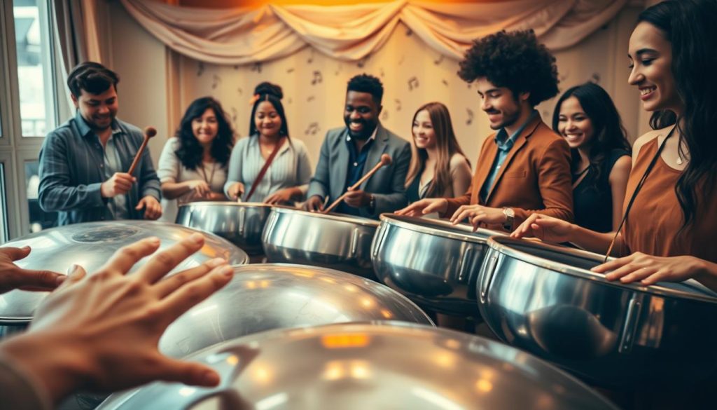 A serene indoor setting featuring a group of diverse musicians engaged in playing handpans. In the foreground, close-up shots of their hands skillfully striking the handpan's metallic surface, capturing the shine and intricate details of the instrument. The middle ground showcases the musicians' expressions of joy and concentration, dressed in casual yet smart clothing, reflecting a communal atmosphere. In the background, soft warm lighting creates an inviting space adorned with music notes and soft fabrics, enhancing the creative vibe. The overall mood is harmonious and inspiring, evoking a sense of shared experience and passion for the unique sound of handpans. A serene indoor setting featuring a group of diverse musicians engaged in playing handpans. In the foreground, close-up shots of their hands skillfully striking the handpan's metallic surface, capturing the shine and intricate details of the instrument. The middle ground showcases the musicians' expressions of joy and concentration, dressed in casual yet smart clothing, reflecting a communal atmosphere. In the background, soft warm lighting creates an inviting space adorned with music notes and soft fabrics, enhancing the creative vibe. The overall mood is harmonious and inspiring, evoking a sense of shared experience and passion for the unique sound of handpans.