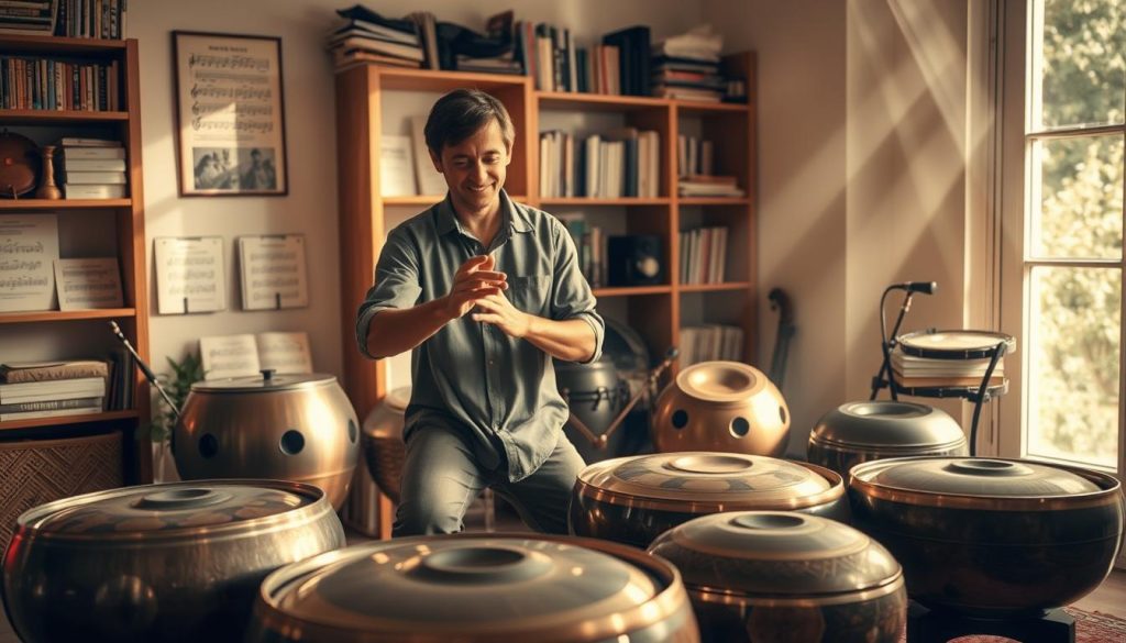 A serene indoor setting focused on the ergonomic aspects of playing handpans and hang drums. In the foreground, a skilled musician, dressed in modest casual attire, enthusiastically demonstrates a handpan technique, gracefully striking the instrument with their hands. The middle ground features various handpans of different sizes and designs, showcasing intricate surface patterns and colors. Soft, warm lighting bathes the scene, creating a cozy atmosphere, with beams of light cascading from a nearby window. In the background, shelves filled with music books and other percussion instruments enhance the artistic vibe. The overall mood is inviting and educational, emphasizing mastery of these unique musical instruments through technique and ergonomics.