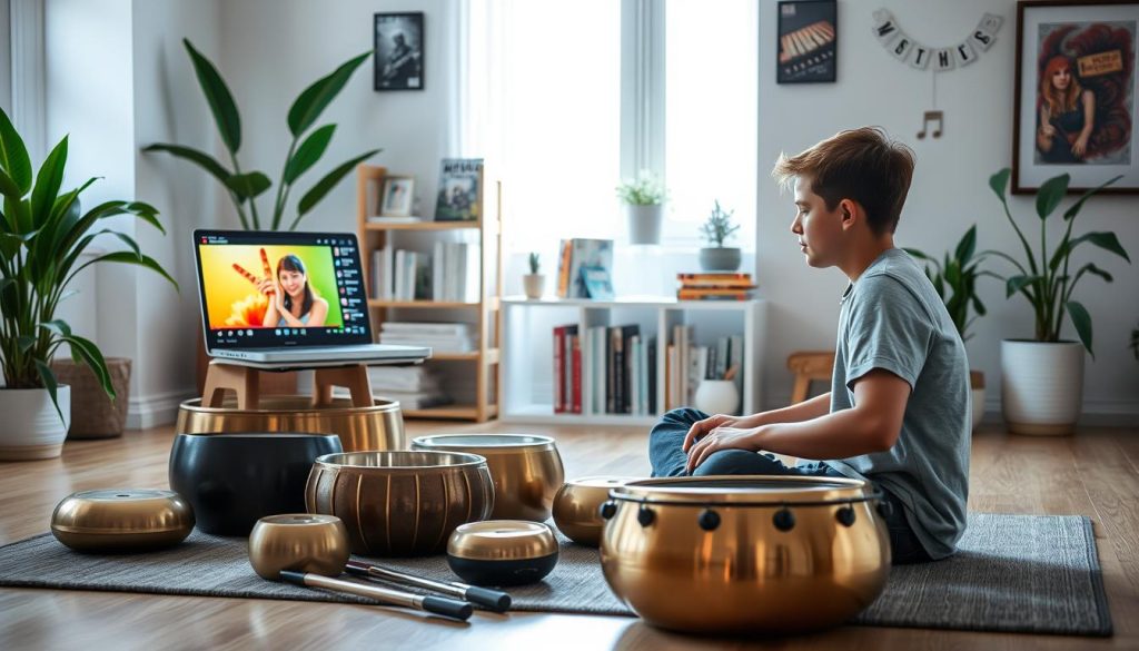 A serene indoor setting showcasing a handpan enthusiast engaging with various types of YouTube content. In the foreground, a young person sits cross-legged on a comfortable mat, focused intently on a laptop displaying a vibrant handpan tutorial video. Various handpans of different sizes and colors are elegantly arranged around them, emphasizing the diversity of instruments. In the middle ground, a soft, ambient light streams through a window, highlighting a small bookshelf filled with music theory books and handpan instructional guides. The background features calming plants and artwork related to music, creating an inviting atmosphere. The overall mood is inspiring and educational, encouraging viewers to immerse themselves in the learning process. A serene indoor setting showcasing a handpan enthusiast engaging with various types of YouTube content. In the foreground, a young person sits cross-legged on a comfortable mat, focused intently on a laptop displaying a vibrant handpan tutorial video. Various handpans of different sizes and colors are elegantly arranged around them, emphasizing the diversity of instruments. In the middle ground, a soft, ambient light streams through a window, highlighting a small bookshelf filled with music theory books and handpan instructional guides. The background features calming plants and artwork related to music, creating an inviting atmosphere. The overall mood is inspiring and educational, encouraging viewers to immerse themselves in the learning process.