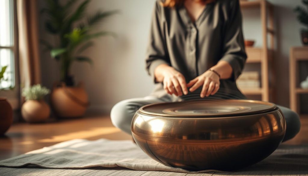 A serene indoor setting showcasing a handpan placed on a soft mat in the foreground. A gentle light source from a nearby window casts warm, soft rays, highlighting the intricate craftsmanship of the handpan. In the middle ground, a pair of hands, dressed in modest casual attire, delicately plays the handpan, creating an atmosphere of tranquility and focus. Subtle sound waves, represented visually as gentle ripples or vibrations, emanate from the instrument, illustrating its rich acoustic quality. The background features a softly blurred room with natural elements, like potted plants or a light wooden shelf, enhancing the calm ambiance. The overall mood is contemplative and inviting, perfect for evaluating sound quality.