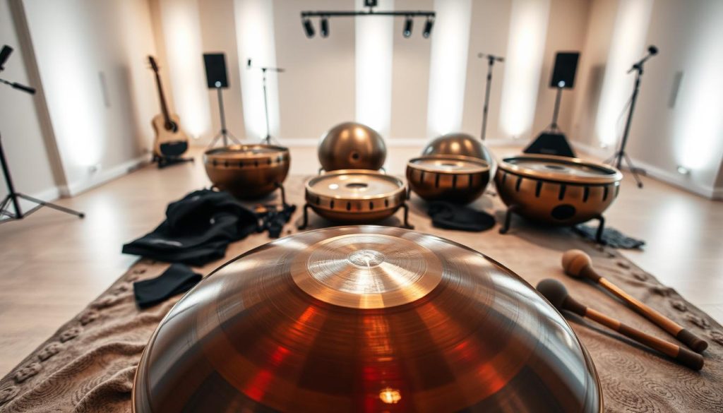 A serene indoor setting showcasing a variety of handpans from Thomann, featuring different materials such as steel, copper, and bronze. In the foreground, a close-up of a beautifully crafted handpan, highlighting its intricate surface designs and rich colors. The middle ground includes additional handpans displayed on a soft, textured fabric, with accessories like mallets and bags surrounding them. The background features a softly lit studio space, with ambient lighting enhancing the warm, inviting atmosphere. Soft shadows play across the scene, emphasizing the quality and craftsmanship of the instruments. The overall mood is one of tranquility and appreciation for musical artistry, perfectly capturing the essence of sound quality and materials used in Thomann handpans. A serene indoor setting showcasing a variety of handpans from Thomann, featuring different materials such as steel, copper, and bronze. In the foreground, a close-up of a beautifully crafted handpan, highlighting its intricate surface designs and rich colors. The middle ground includes additional handpans displayed on a soft, textured fabric, with accessories like mallets and bags surrounding them. The background features a softly lit studio space, with ambient lighting enhancing the warm, inviting atmosphere. Soft shadows play across the scene, emphasizing the quality and craftsmanship of the instruments. The overall mood is one of tranquility and appreciation for musical artistry, perfectly capturing the essence of sound quality and materials used in Thomann handpans.