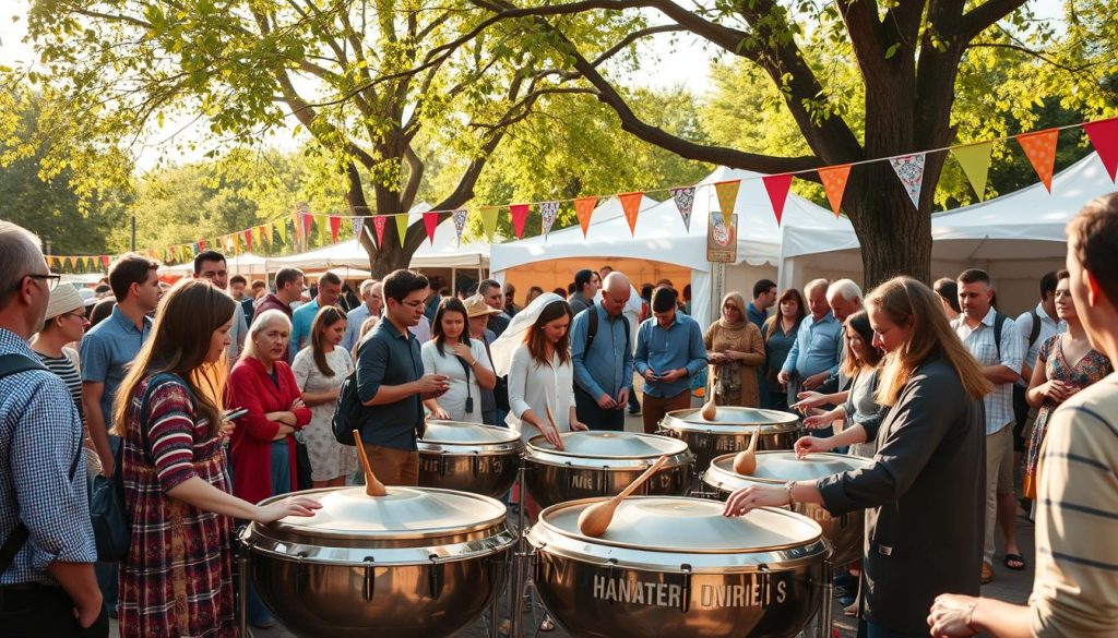 A vibrant and lively outdoor festival scene showcasing a handpan event in France. In the foreground, a diverse group of people, dressed in modest casual clothing, are gathering around a handpan demonstration, some engaging with the instruments while others listen intently. In the middle, several handpan players, immersed in their performance, showcase their skills, with close-ups of their hands skillfully striking the instruments. The background features beautiful trees and festival tents adorned with colorful banners, creating a cheerful and welcoming atmosphere. Soft, warm sunlight filters through the leaves, casting playful shadows, while a gentle breeze sways the tents, enhancing the lively mood of discovery and joy. The shot is taken from a slightly elevated angle to capture the full essence of the event. A vibrant and lively outdoor festival scene showcasing a handpan event in France. In the foreground, a diverse group of people, dressed in modest casual clothing, are gathering around a handpan demonstration, some engaging with the instruments while others listen intently. In the middle, several handpan players, immersed in their performance, showcase their skills, with close-ups of their hands skillfully striking the instruments. The background features beautiful trees and festival tents adorned with colorful banners, creating a cheerful and welcoming atmosphere. Soft, warm sunlight filters through the leaves, casting playful shadows, while a gentle breeze sways the tents, enhancing the lively mood of discovery and joy. The shot is taken from a slightly elevated angle to capture the full essence of the event.