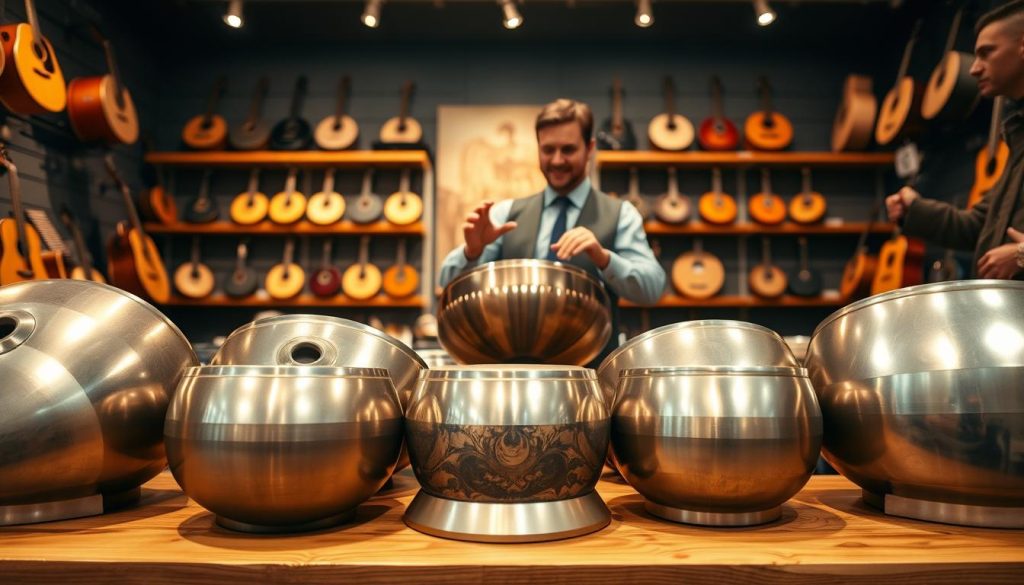 A visually striking comparison of handpans showcased on a wooden display table in a well-lit music store. In the foreground, several handpans of varying shapes, sizes, and colors glisten, revealing intricate designs and textures. The middle layer features a knowledgeable salesperson in smart casual attire, demonstrating the sound of a handpan to an intrigued customer. In the background, softly blurred shelves hold additional musical instruments, enhancing the store ambiance, with warm, inviting lighting casting a slight glow over the scene. The mood should evoke curiosity and enthusiasm for these unique instruments, suggesting a friendly and informative atmosphere. The angle of the shot captures the handpans and interaction while subtly showcasing the store's interior. A visually striking comparison of handpans showcased on a wooden display table in a well-lit music store. In the foreground, several handpans of varying shapes, sizes, and colors glisten, revealing intricate designs and textures. The middle layer features a knowledgeable salesperson in smart casual attire, demonstrating the sound of a handpan to an intrigued customer. In the background, softly blurred shelves hold additional musical instruments, enhancing the store ambiance, with warm, inviting lighting casting a slight glow over the scene. The mood should evoke curiosity and enthusiasm for these unique instruments, suggesting a friendly and informative atmosphere. The angle of the shot captures the handpans and interaction while subtly showcasing the store's interior.