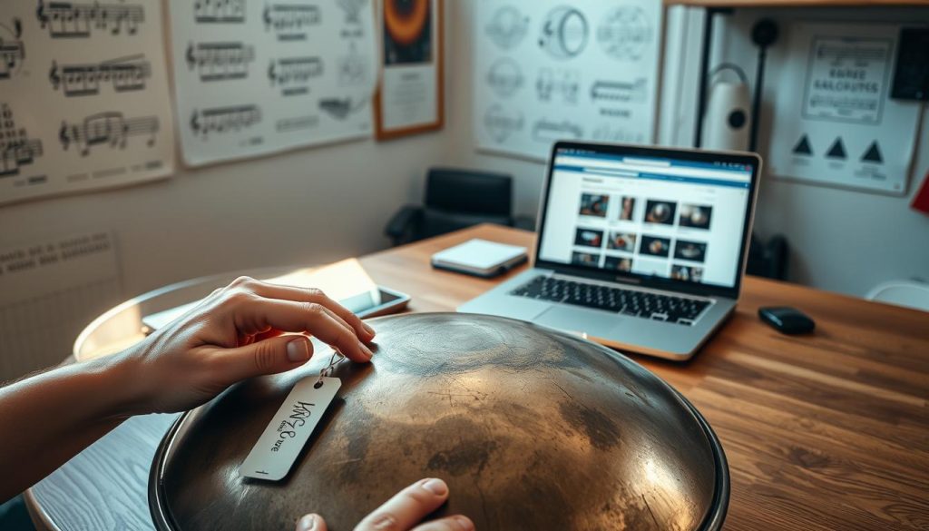 A well-lit, cozy workspace showcasing a detailed handpan, placed on a wooden table, with a price tag attached. In the foreground, there is a pair of hands gently examining the handpan's surface, showcasing its unique craftsmanship and patina. In the middle distance, an open laptop displays an online marketplace for second-hand musical instruments, with various images of handpans visible on the screen. The background features a wall with musical diagrams and acoustic principles, creating an educational atmosphere. Soft, natural lighting shines through a nearby window, casting gentle shadows and highlighting the metallic textures of the handpan. The mood is analytical and focused, conveying an atmosphere of thoughtful evaluation and genuine interest in the instrument's value.