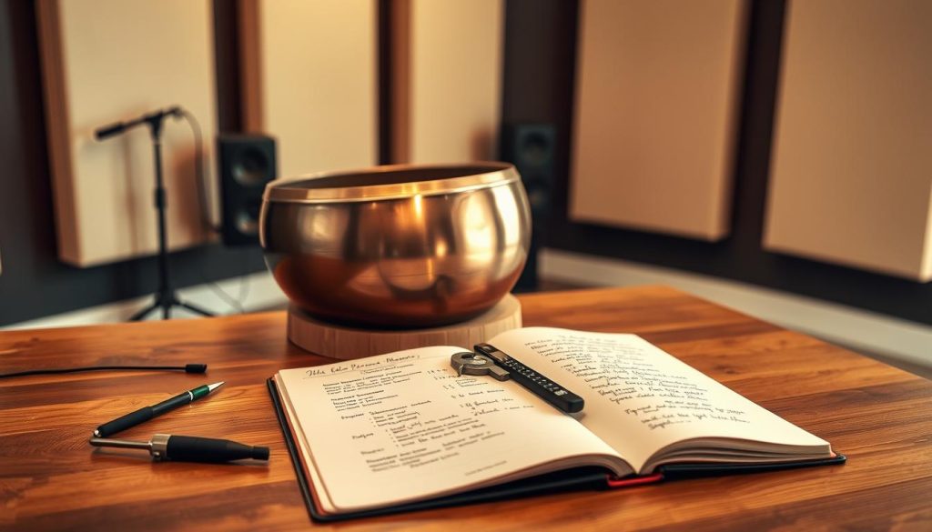 A beautifully arranged handpan displayed prominently in the foreground, showcasing its intricate craftsmanship and vibrant colors. The handpan is positioned on a wooden table with a soft, natural light illuminating its metallic surface, revealing the fine details and curvature. In the middle ground, tools like a tuner and measurement calipers lie neatly beside an open notebook filled with handwritten notes on technical specifications. The background features a blurred music studio setting with soft-focus acoustic panels, creating an atmosphere of professionalism and creativity. The overall mood is inviting and informative, emphasizing quality and careful selection. The camera angle is slightly elevated, giving a comprehensive view of the setup while maintaining a clean composition. A warm color palette enhances a sense of calm and focus.