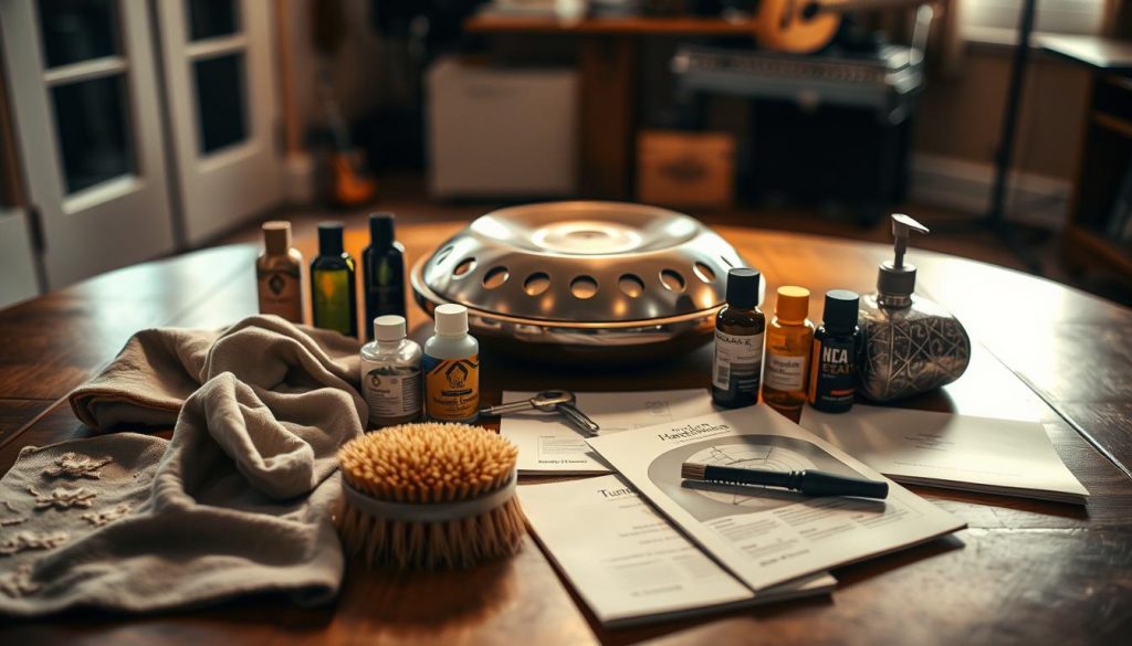 A beautifully arranged table displaying accessories and care items for a handpan. In the foreground, there are polishing cloths, a soft brush, and a maintenance manual elegantly spread out. In the middle, a handpan gleams under warm, soft lighting, showcasing its unique metallic tones and intricate design. Various oils and protective coatings are carefully placed nearby, along with a tuning key. In the background, a subtle blur of a cozy music room is visible, with soft shadows and warm wooden tones creating an inviting atmosphere. The image should evoke a sense of care and passion for maintaining musical instruments, emphasizing the beauty and craftsmanship of the handpan. The composition should be viewed at a slight angle, providing depth and intimacy with the subject.